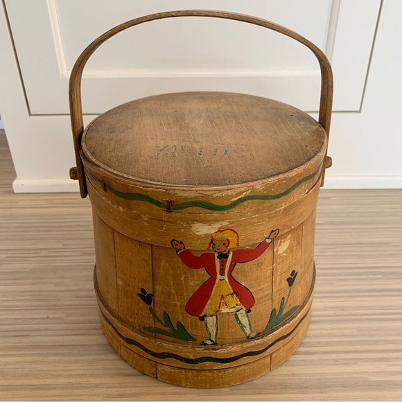 Accents Antique Wooden Firkin Banded Bucket Sewing Basket W Lid